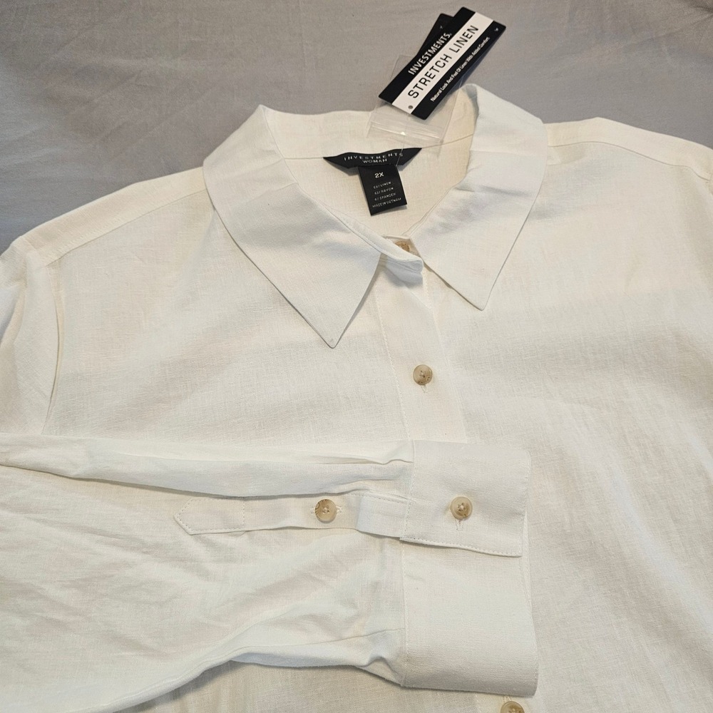 Investments Woman 2X Stretch Linen Rayon L/S Button Down Shirt White NWT 1336